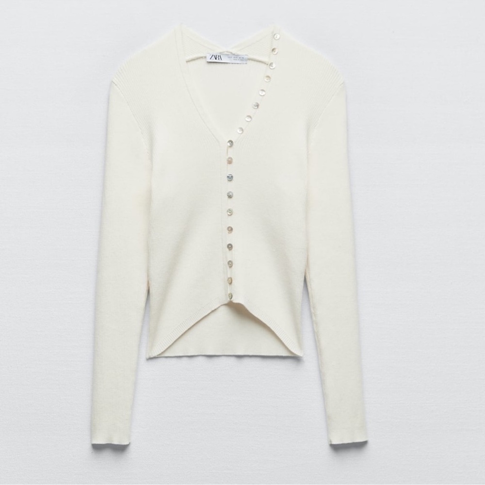 Zara, S, BUTTONED KNIT TOP, Never worn, ribbed, Beige, ICE, V-neck, long sleeves